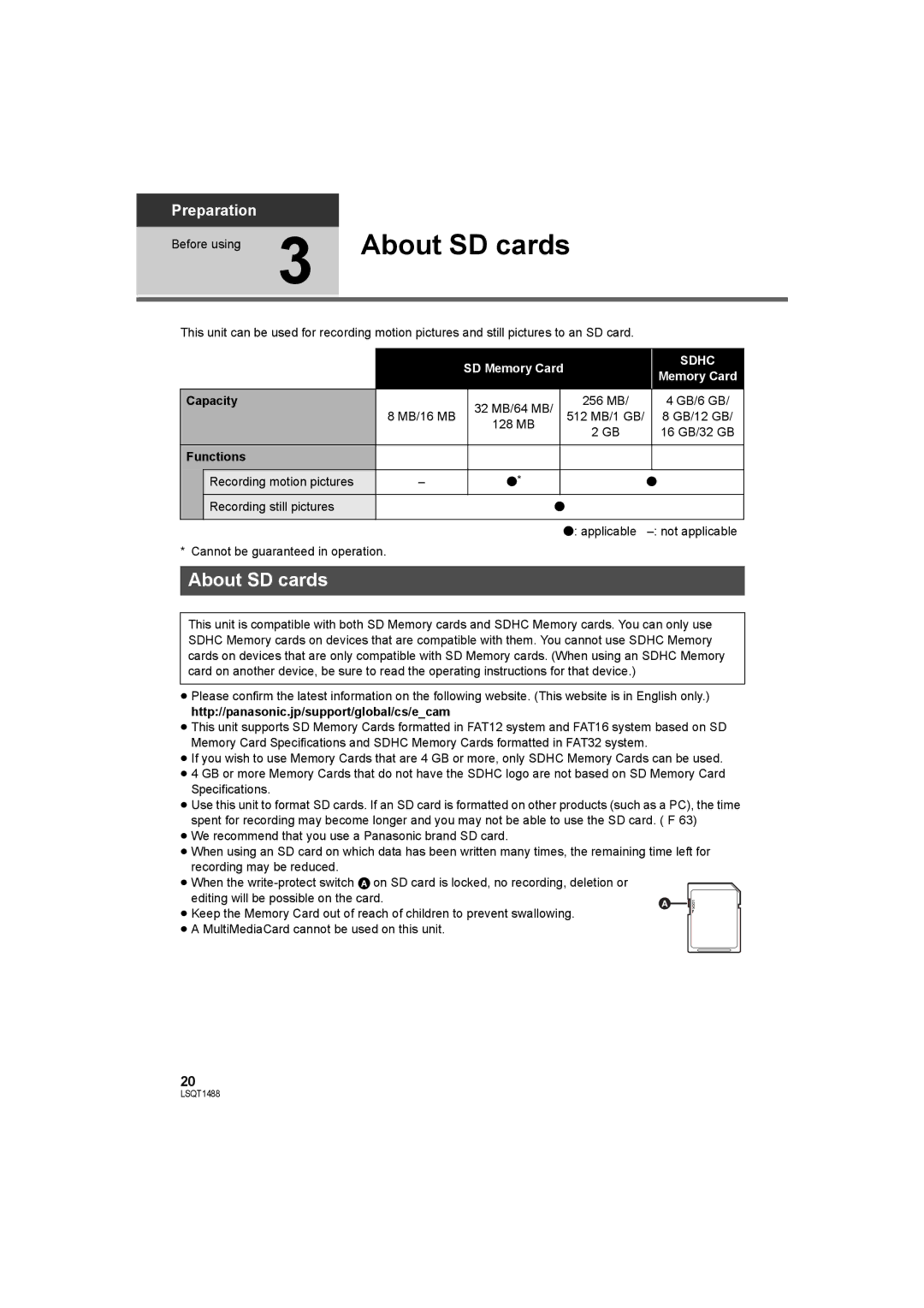 Panasonic SDR-S26PC operating instructions Before using 3 About SD cards, SD Memory Card, Capacity, Functions 