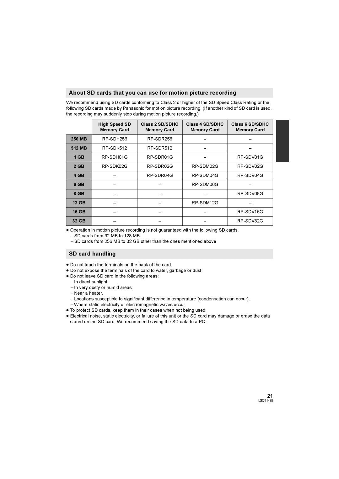 Panasonic SDR-S26PC operating instructions SD card handling, 12 GB, 16 GB, 32 GB 