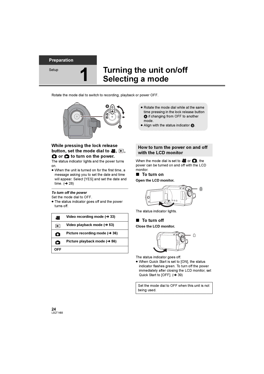 Panasonic SDR-S26P Turning the unit on/off, Selecting a mode, How to turn the power on and off with the LCD monitor 