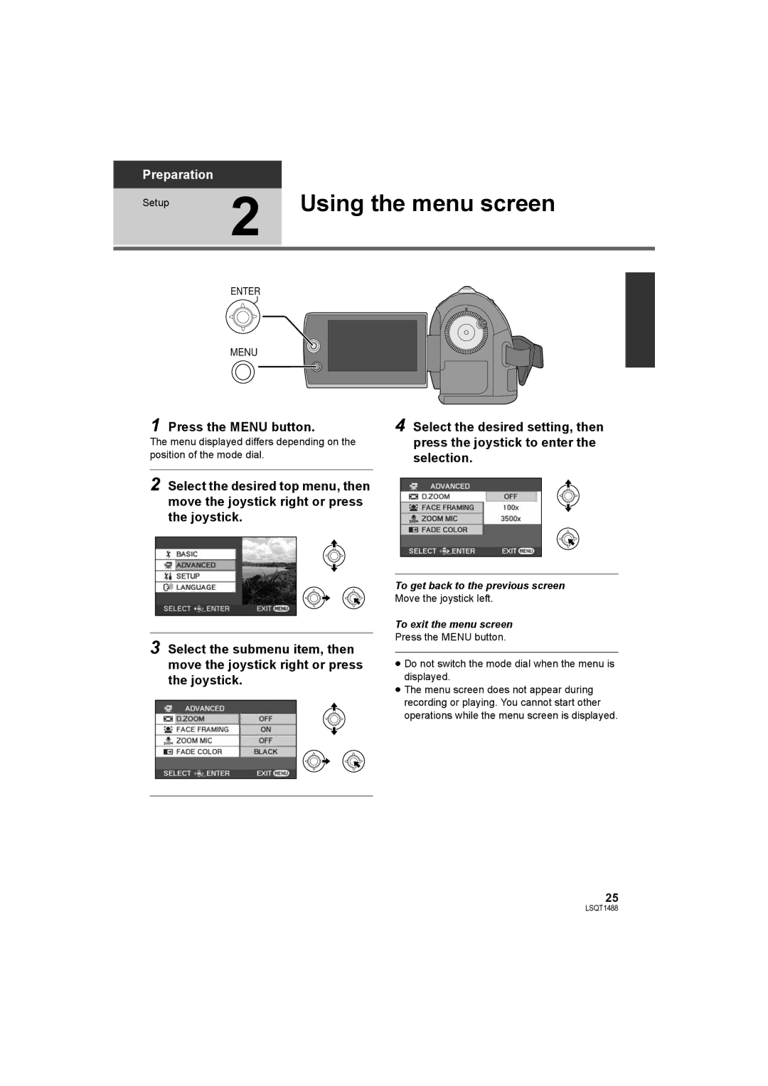 Panasonic SDR-S26PC operating instructions Using the menu screen, Press the Menu button, To get back to the previous screen 