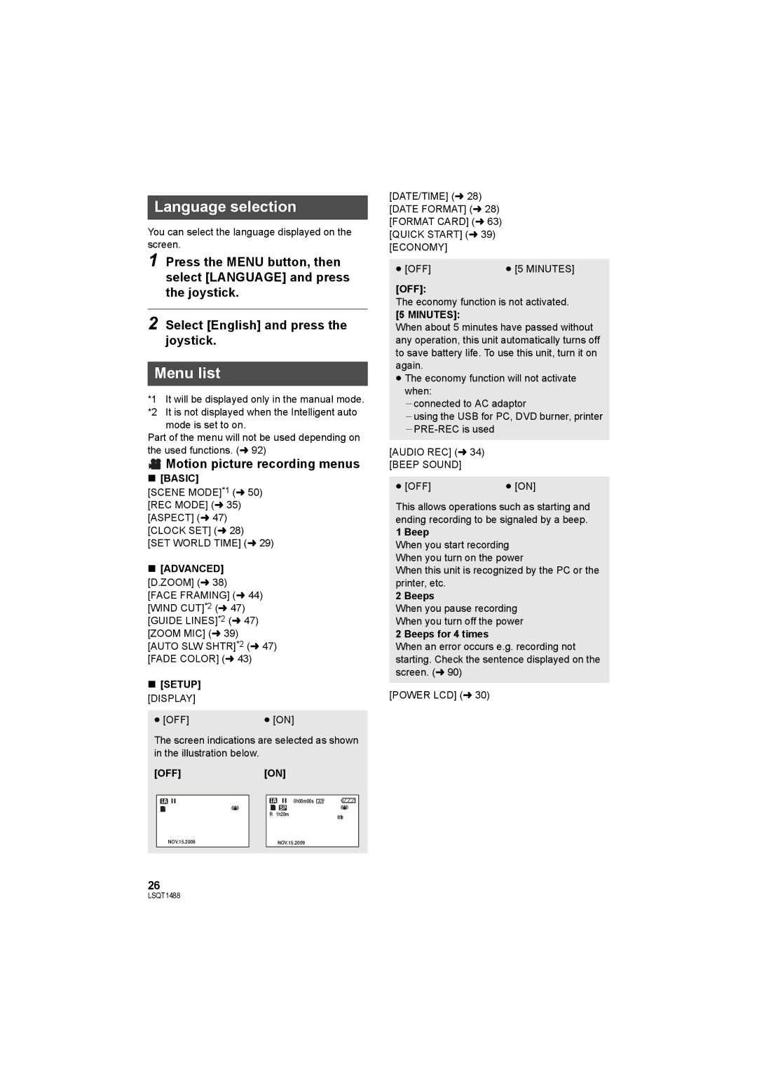 Panasonic SDR-S26PC operating instructions Language selection, Menu list, Motion picture recording menus 