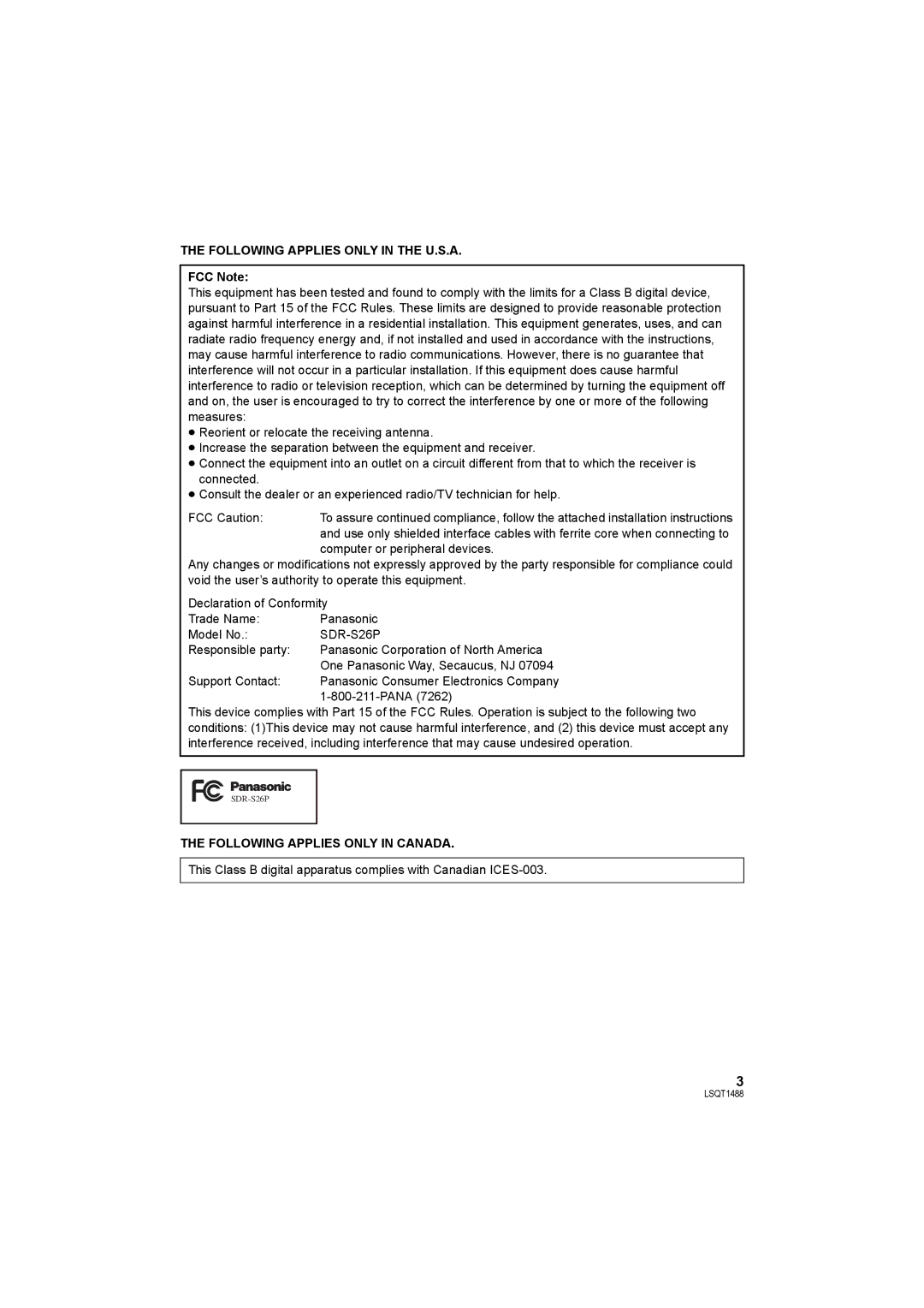 Panasonic SDR-S26PC operating instructions Following Applies only in the U.S.A, FCC Note, Following Applies only in Canada 