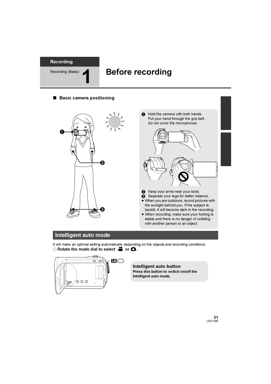 Panasonic SDR-S26PC Before recording, Intelligent auto mode, Basic camera positioning, Intelligent auto button 