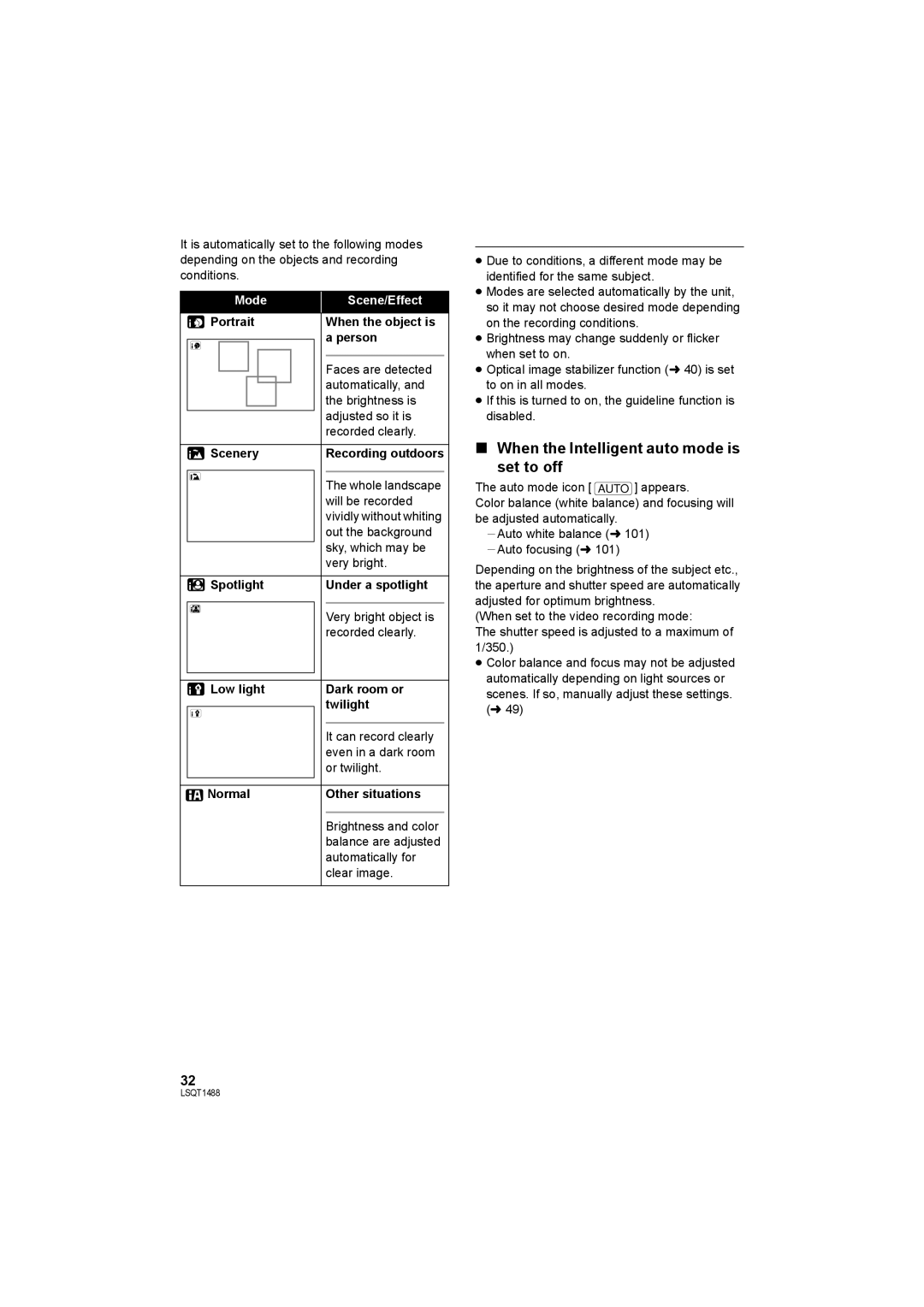 Panasonic SDR-S26PC operating instructions When the Intelligent auto mode is set to off, Mode Scene/Effect 