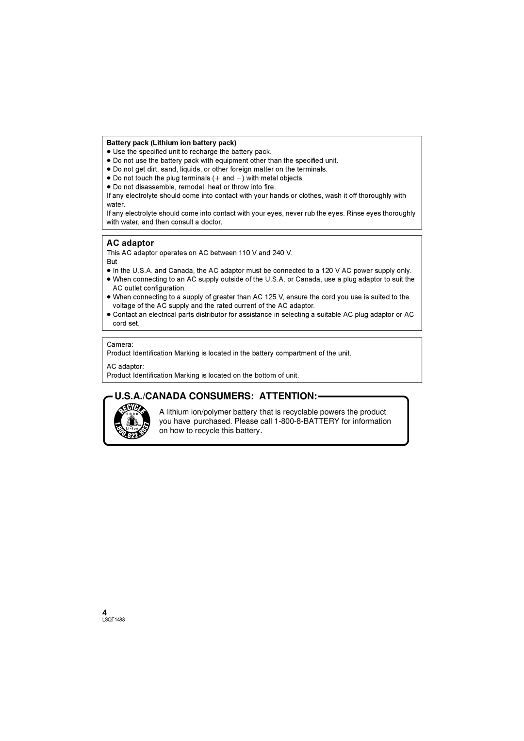 Panasonic SDR-S26PC operating instructions AC adaptor, Battery pack Lithium ion battery pack 