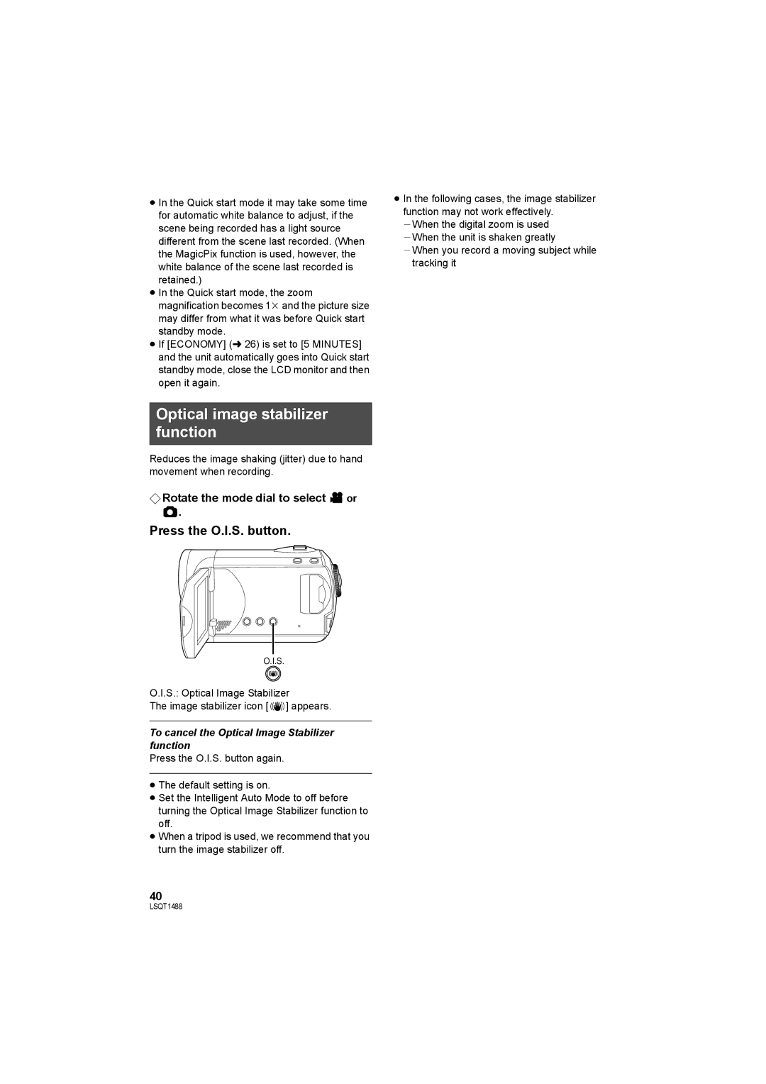 Panasonic SDR-S26PC operating instructions Optical image stabilizer function, Press the O.I.S. button 