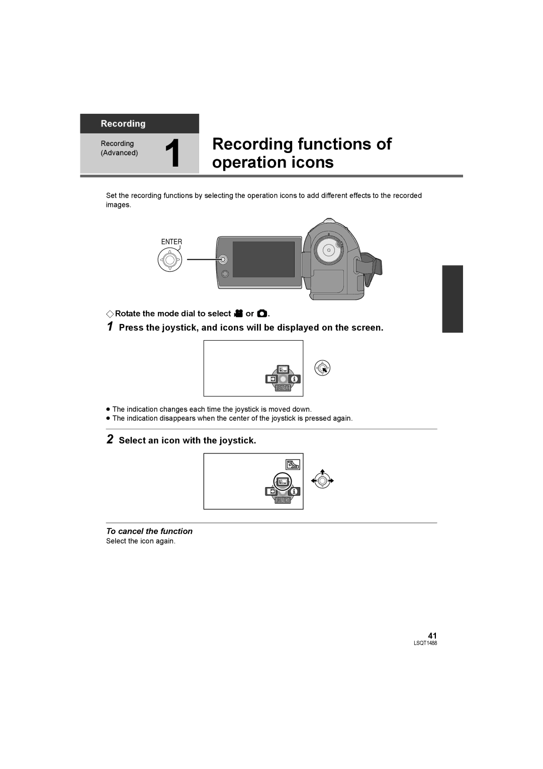 Panasonic SDR-S26PC operating instructions Recording functions, Operation icons, Select an icon with the joystick 