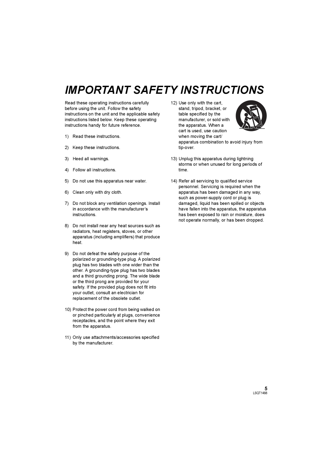 Panasonic SDR-S26PC operating instructions Important Safety Instructions 