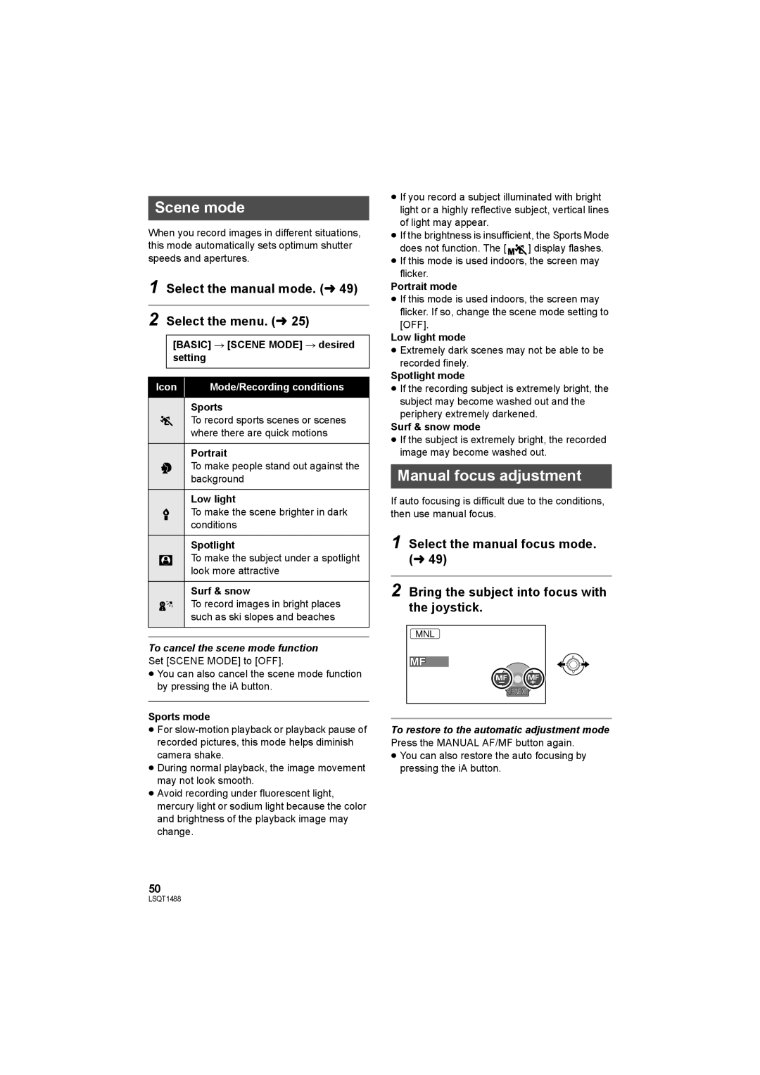 Panasonic SDR-S26PC Scene mode, Manual focus adjustment, Select the manual mode. l Select the menu. l 