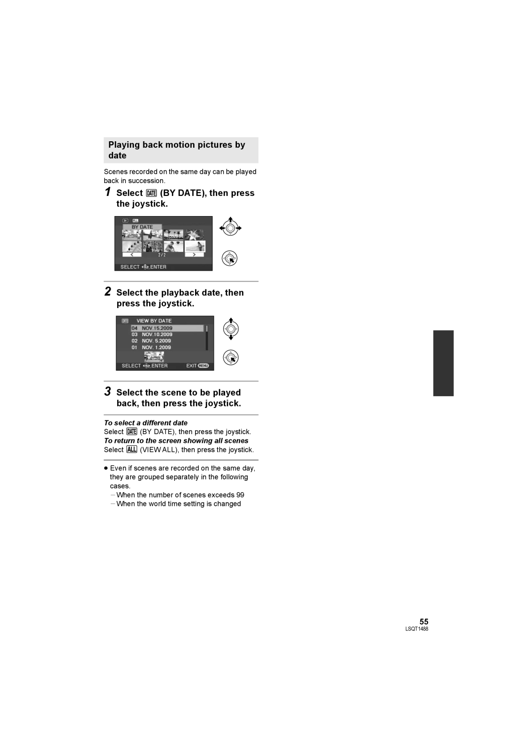 Panasonic SDR-S26PC operating instructions Playing back motion pictures by date, To select a different date 