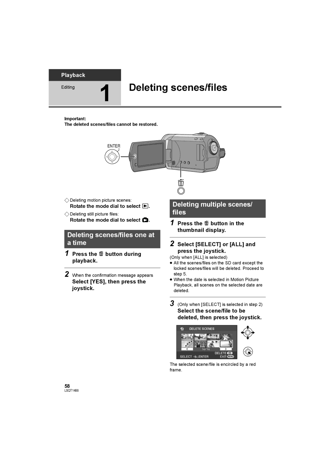 Panasonic SDR-S26PC operating instructions Deleting scenes/files one at Time, Deleting multiple scenes/ files 