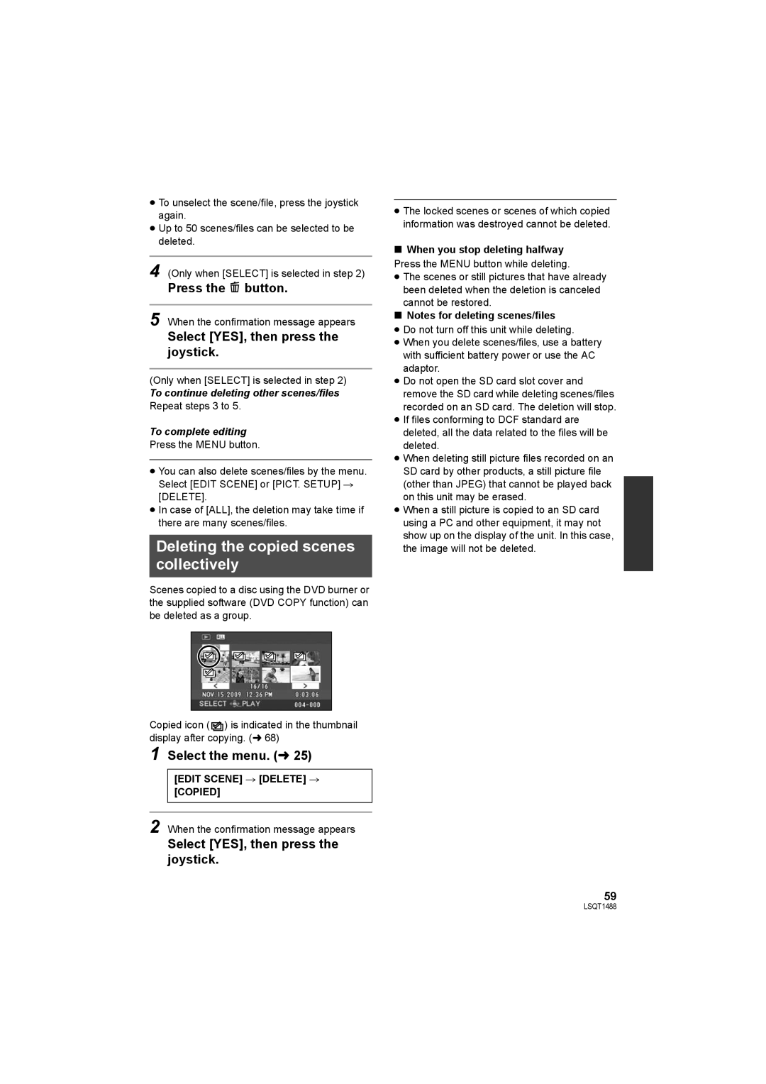 Panasonic SDR-S26PC Deleting the copied scenes collectively, Press the button, To continue deleting other scenes/files 