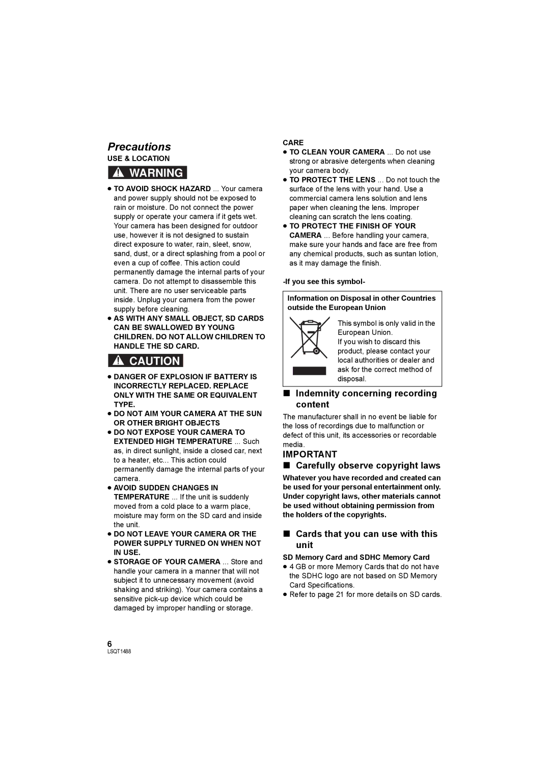 Panasonic SDR-S26PC Indemnity concerning recording content, Carefully observe copyright laws, USE & Location 