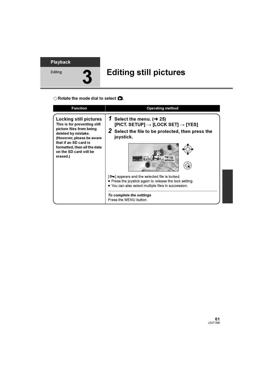 Panasonic SDR-S26PC operating instructions Editing still pictures, Locking still pictures 