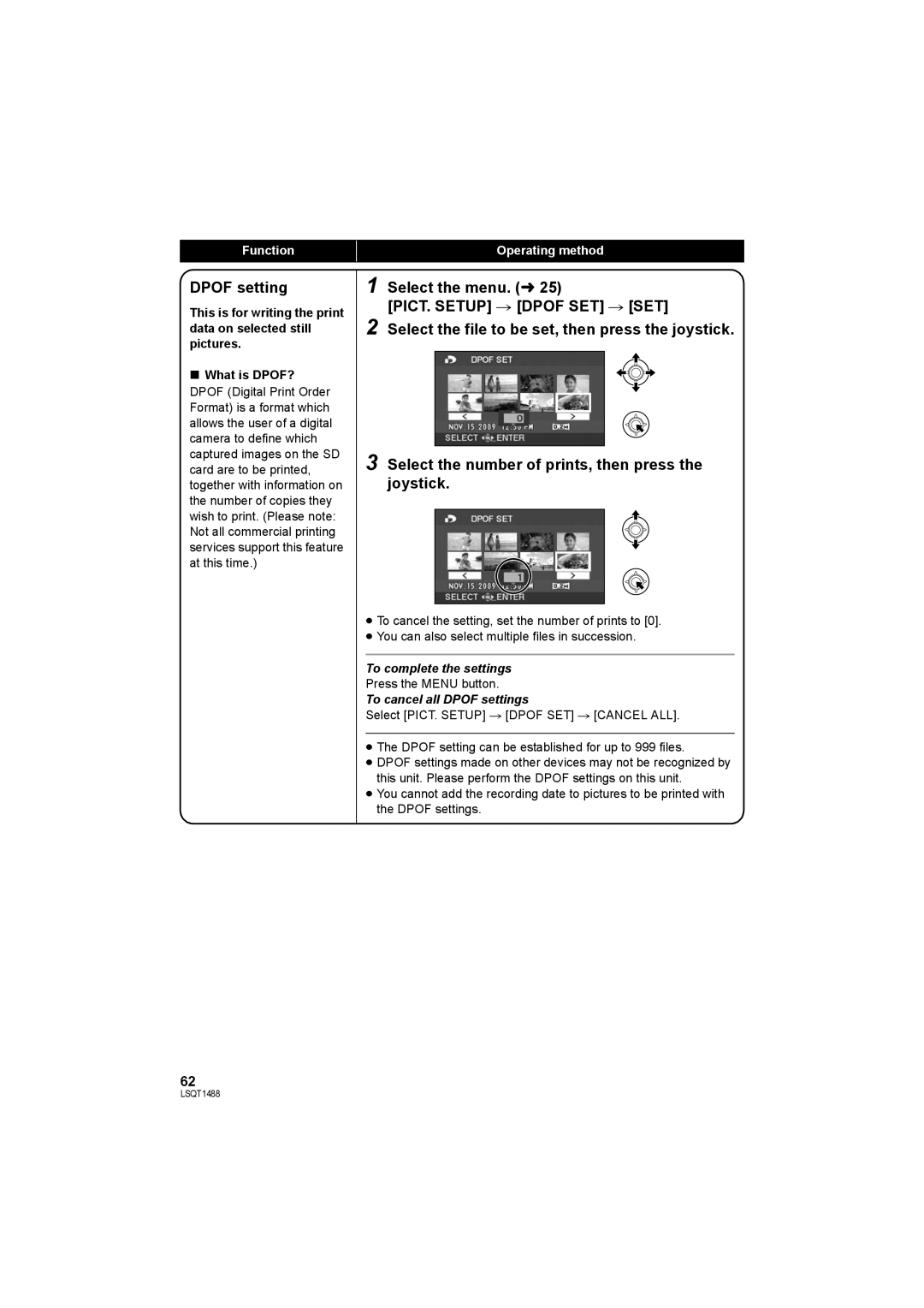 Panasonic SDR-S26PC operating instructions To cancel all Dpof settings 