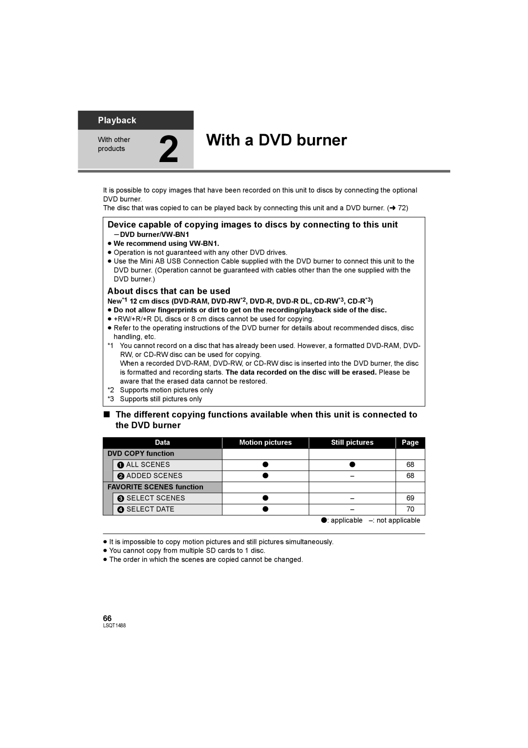 Panasonic SDR-S26PC With a DVD burner, About discs that can be used, Data Motion pictures Still pictures 