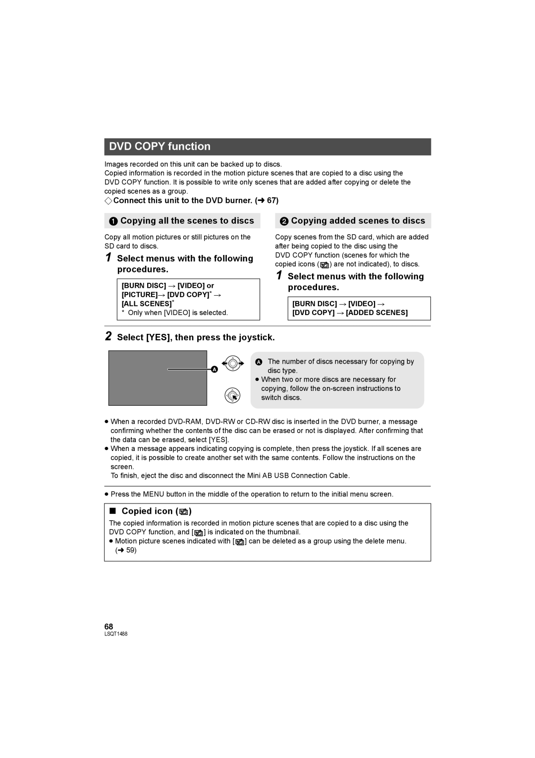 Panasonic SDR-S26P DVD Copy function, Copying all the scenes to discs, Select menus with the following procedures 