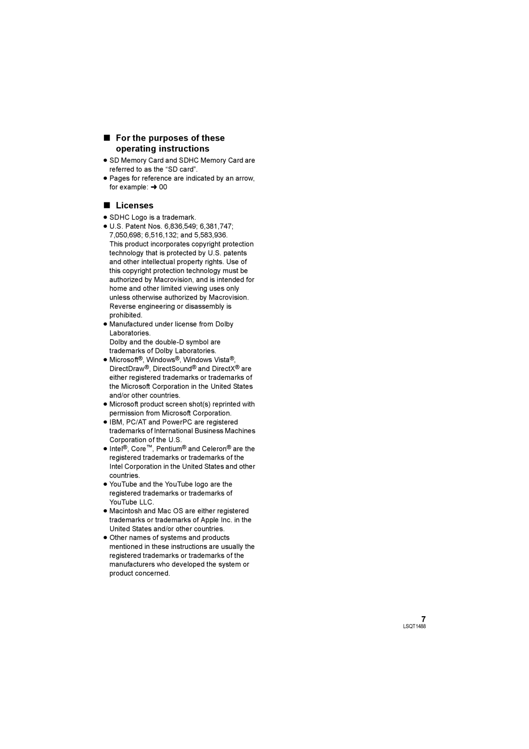 Panasonic SDR-S26PC For the purposes of these operating instructions, Licenses 