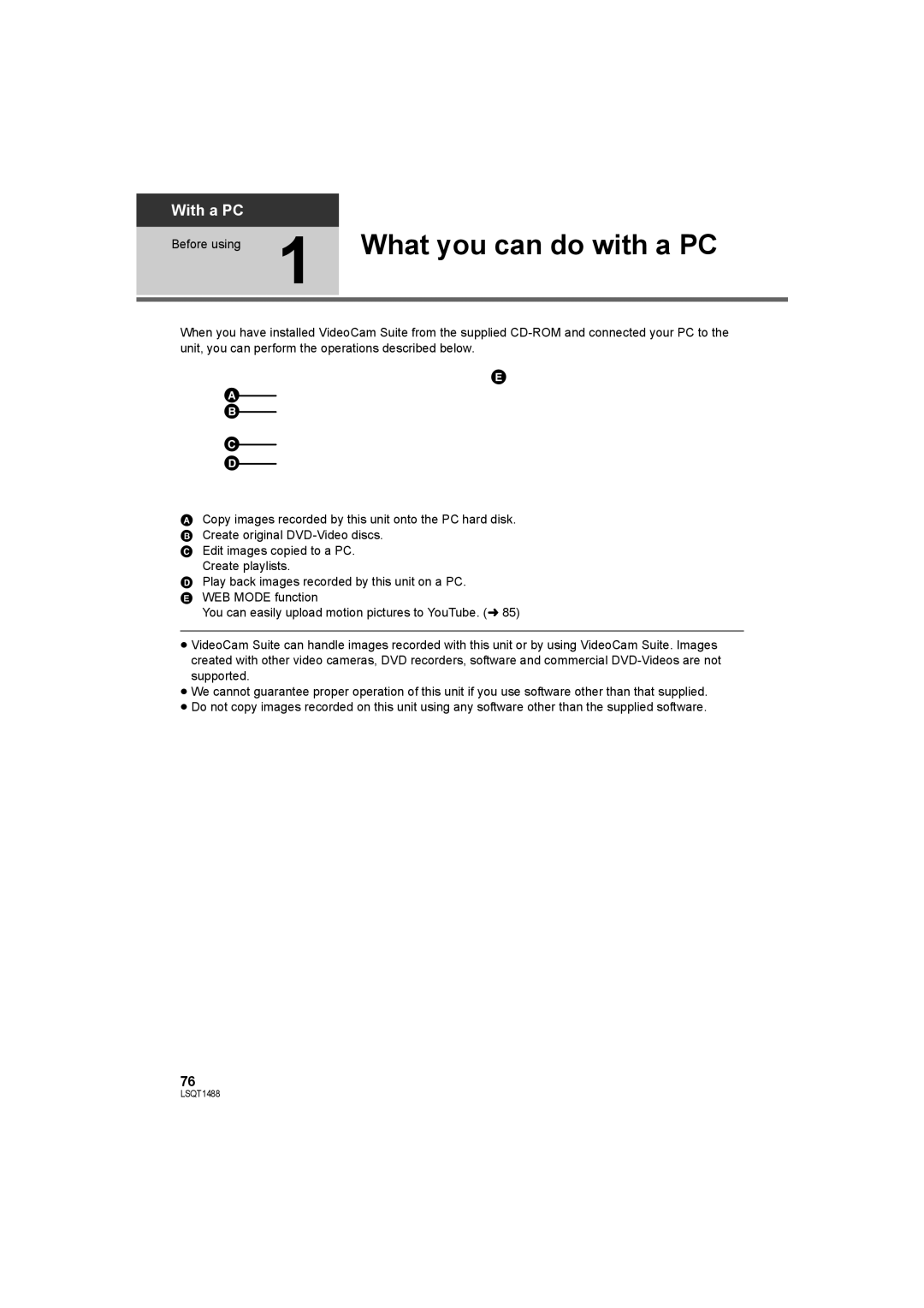 Panasonic SDR-S26PC operating instructions Before using 1 What you can do with a PC 