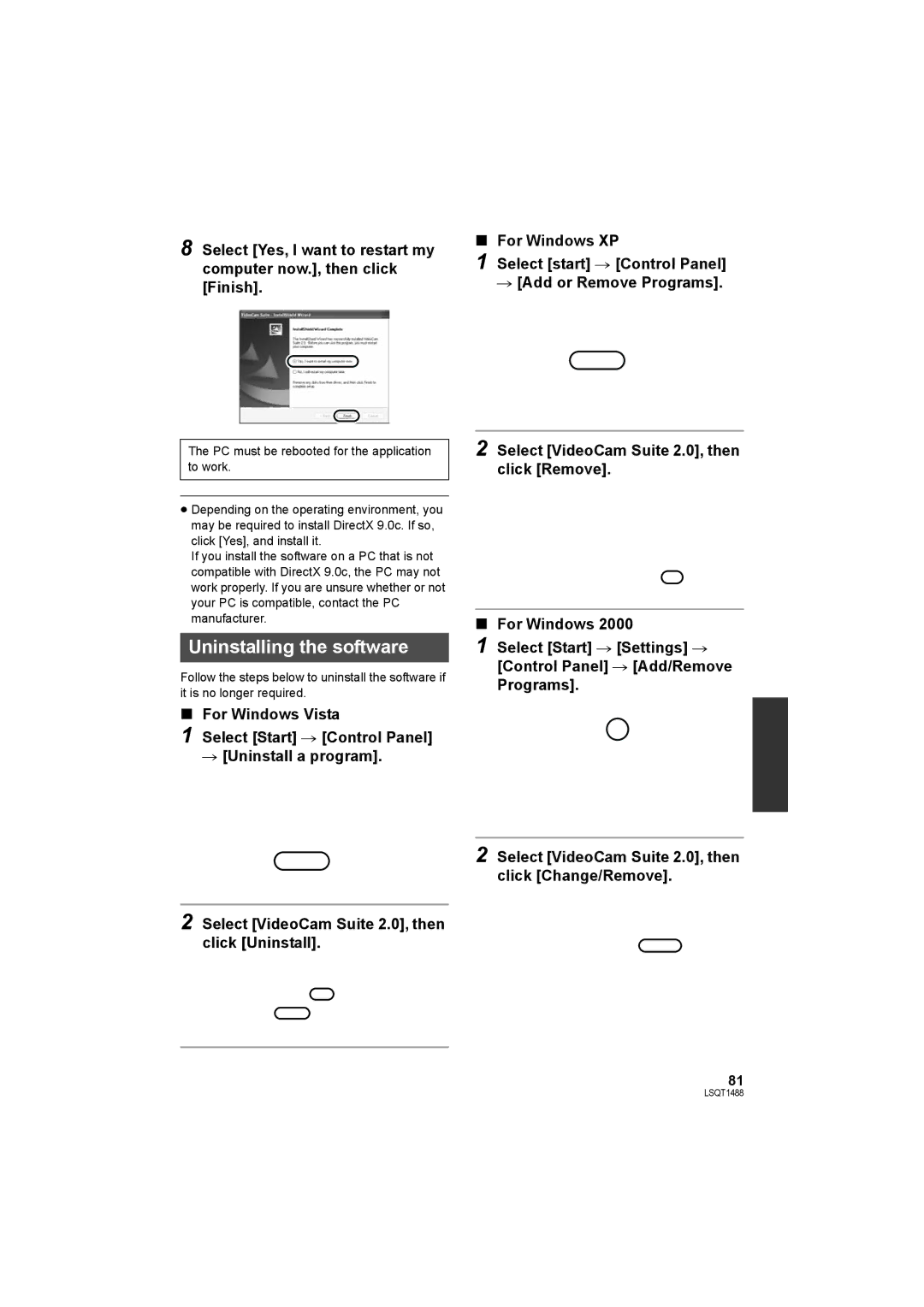 Panasonic SDR-S26PC operating instructions Uninstalling the software 