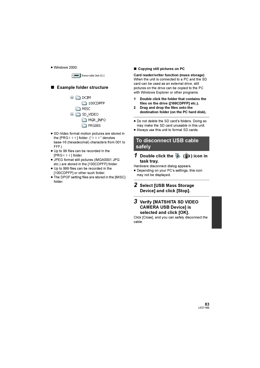 Panasonic SDR-S26PC To disconnect USB cable safely, Example folder structure, Double click the icon in task tray 