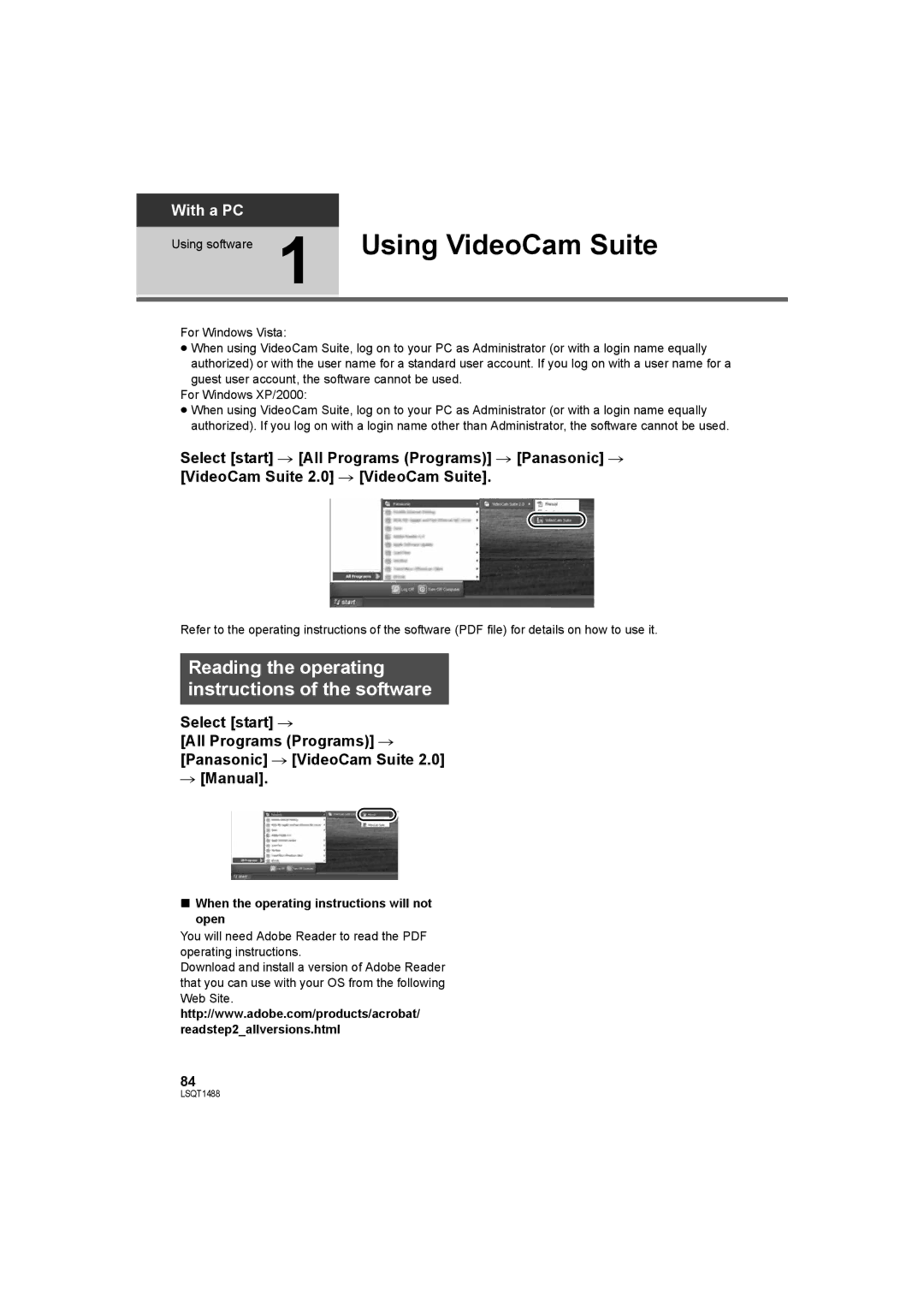 Panasonic SDR-S26PC Using software 1 Using VideoCam Suite, Reading the operating instructions of the software 