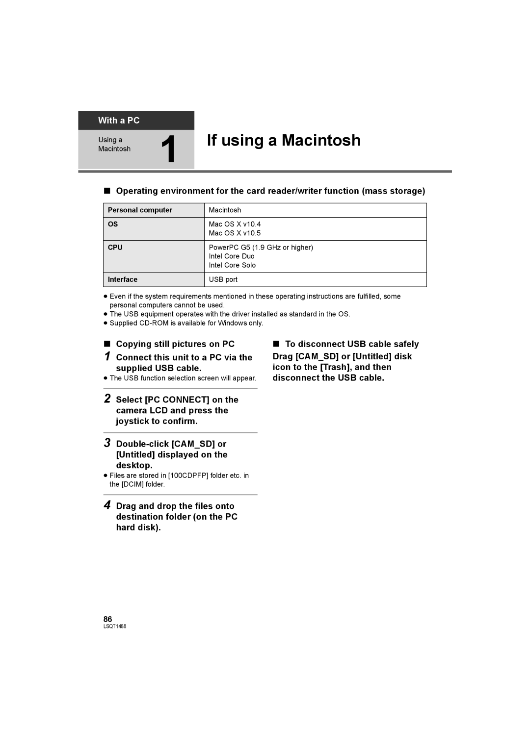 Panasonic SDR-S26PC operating instructions If using a Macintosh, Personal computer 