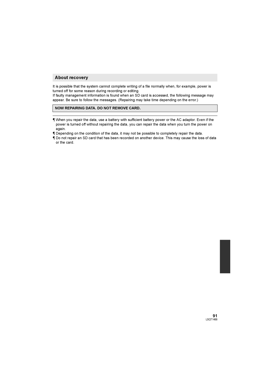 Panasonic SDR-S26PC operating instructions About recovery, NOW Repairing DATA. do not Remove Card 