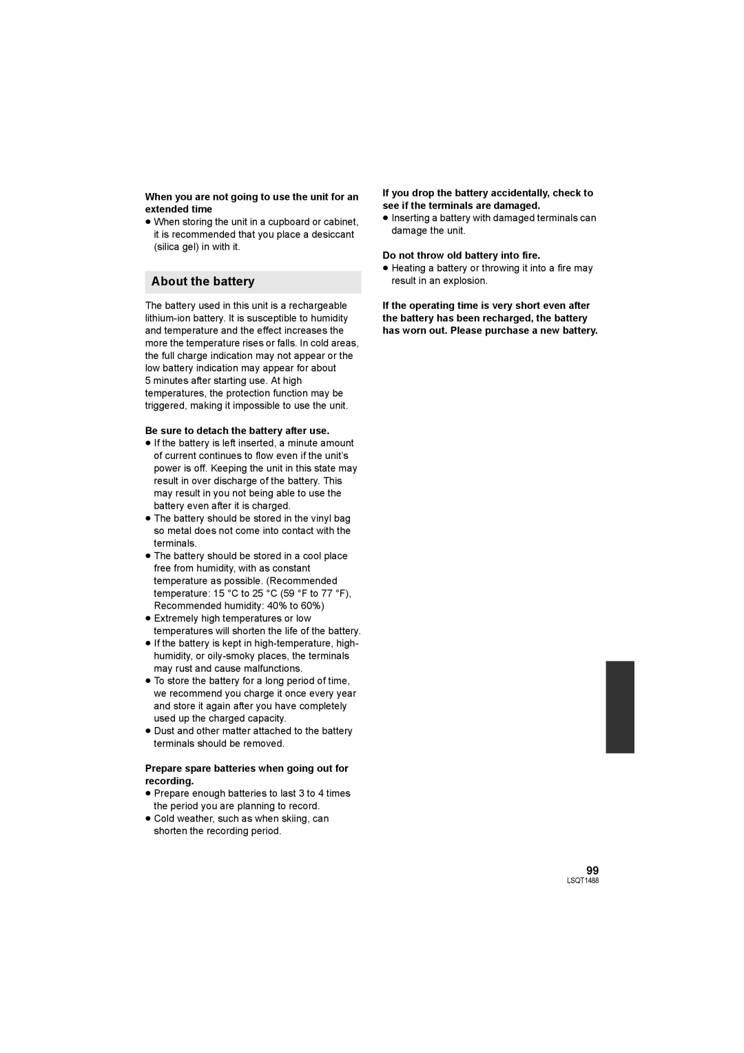 Panasonic SDR-S26PC operating instructions About the battery, When you are not going to use the unit for an extended time 