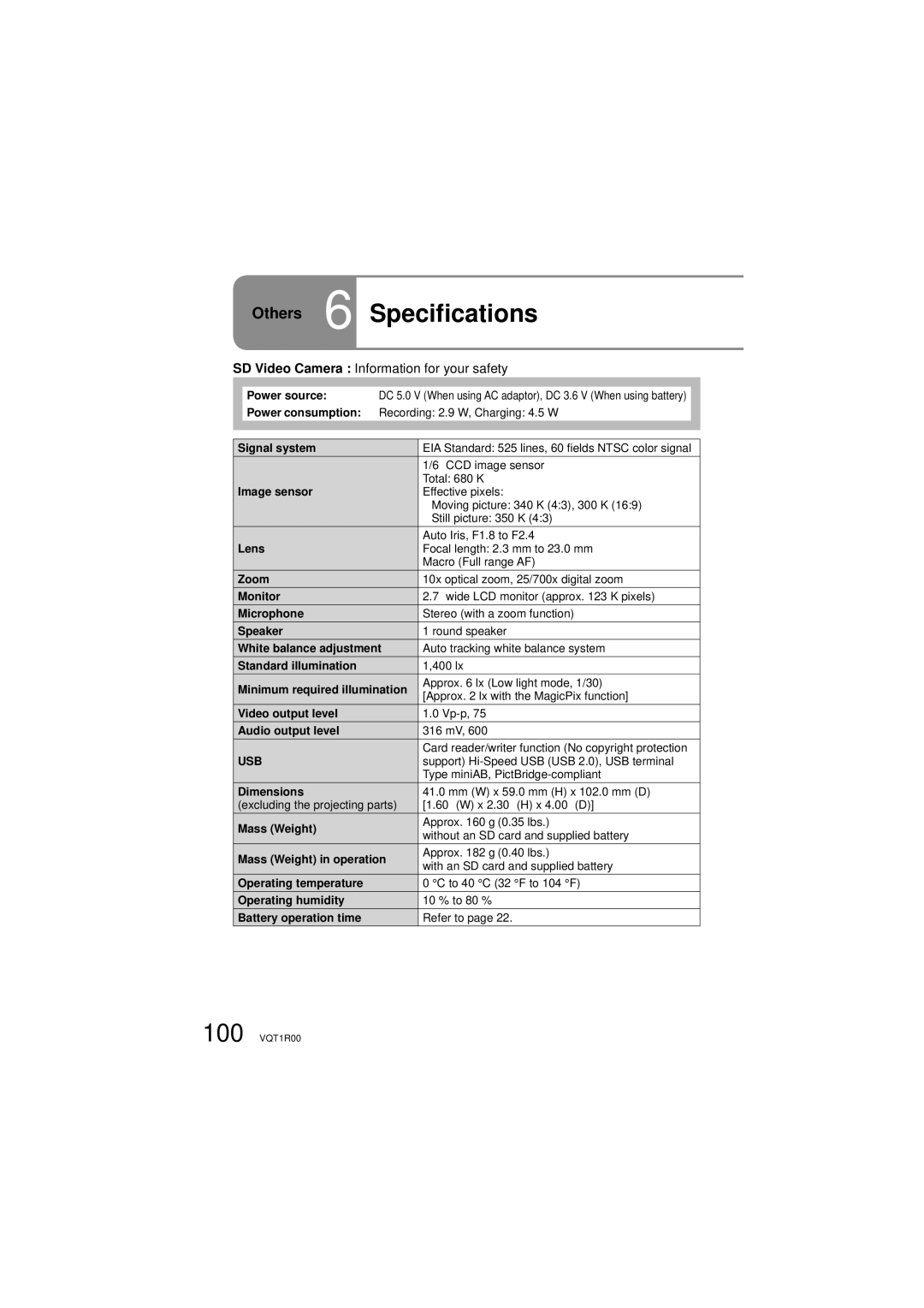 Panasonic SDR-S7P/PC operating instructions Others 6 Specifications, SD Video Camera Information for your safety 