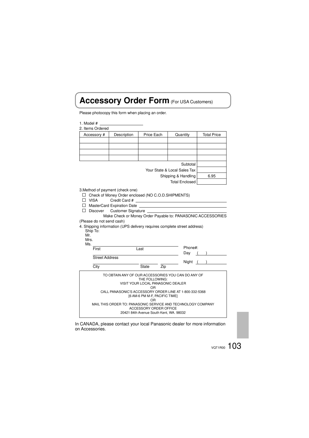 Panasonic SDR-S7P/PC operating instructions Accessory Order Form For USA Customers, Visa 