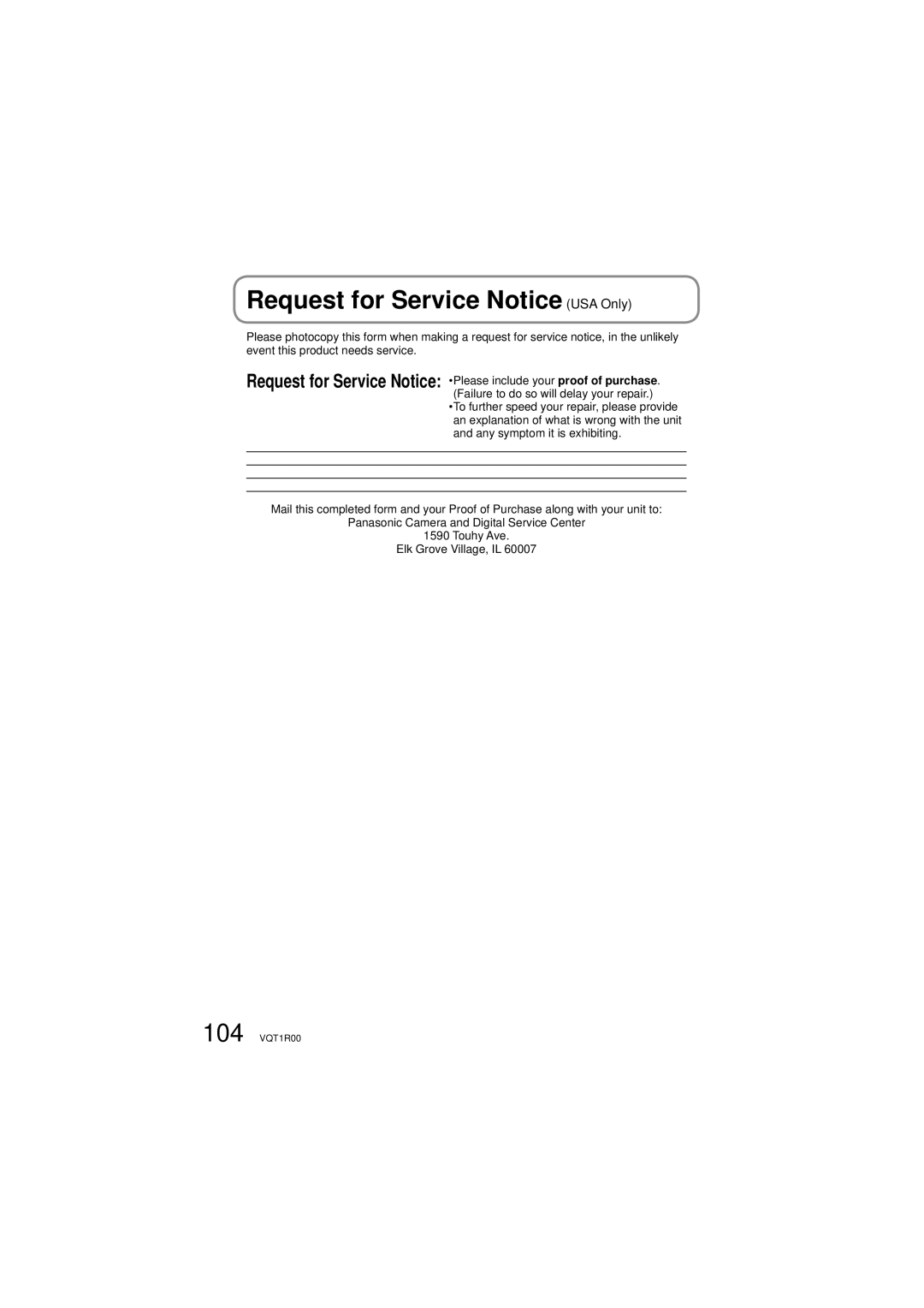 Panasonic SDR-S7P/PC operating instructions Request for Service Notice USA Only, Failure to do so will delay your repair 