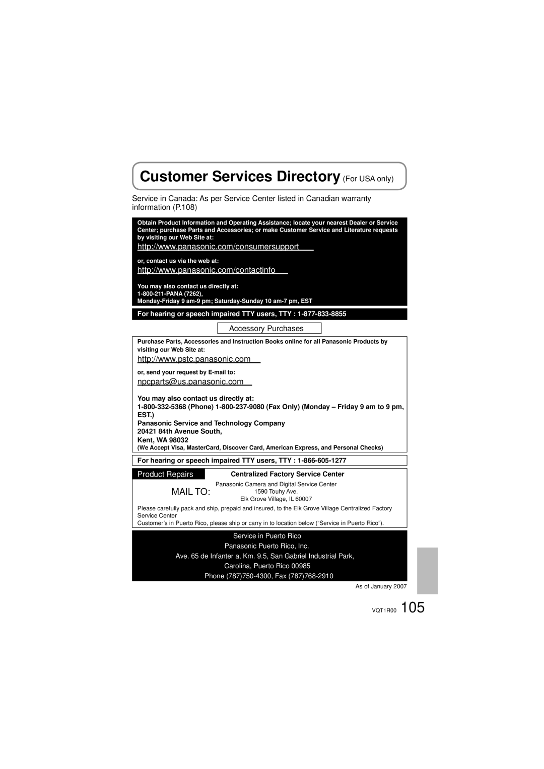 Panasonic SDR-S7P/PC Customer Services Directory For USA only, For hearing or speech impaired TTY users, TTY 