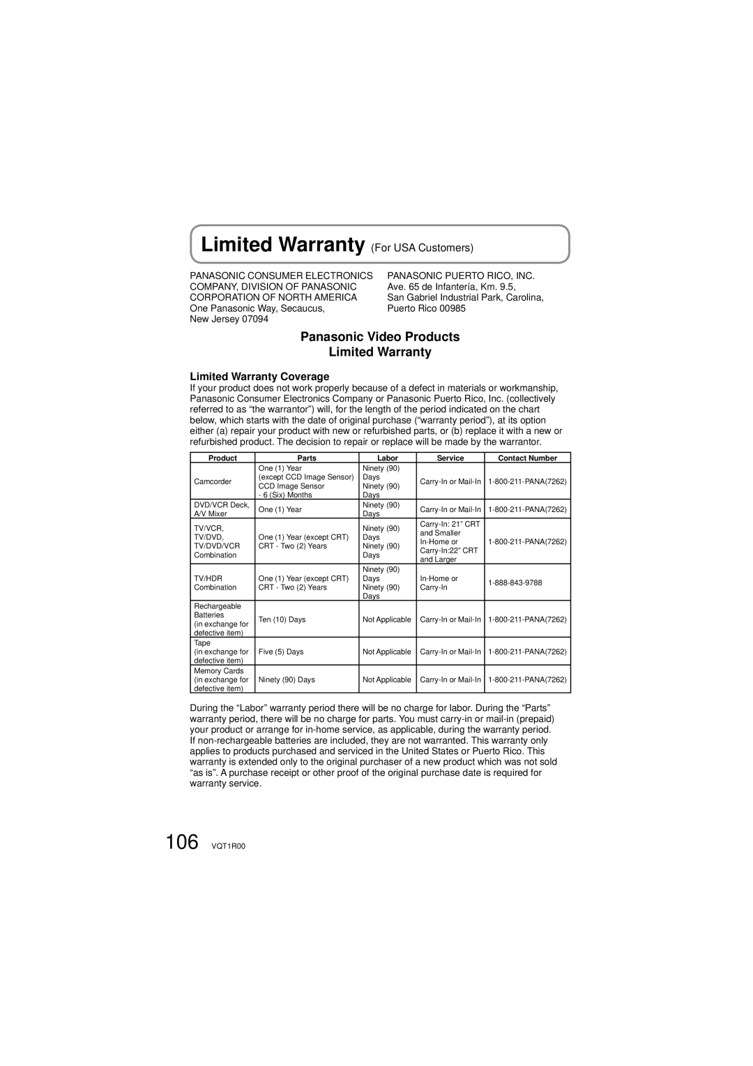 Panasonic SDR-S7P/PC operating instructions Panasonic Video Products Limited Warranty, Limited Warranty For USA Customers 