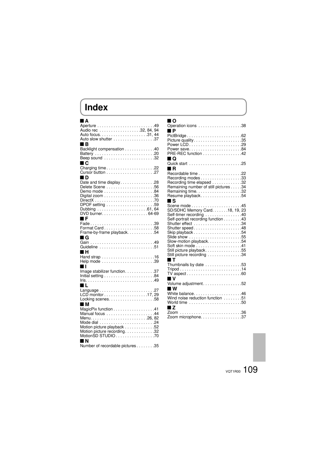 Panasonic SDR-S7P/PC operating instructions Index, Number of recordable pictures Operation icons 