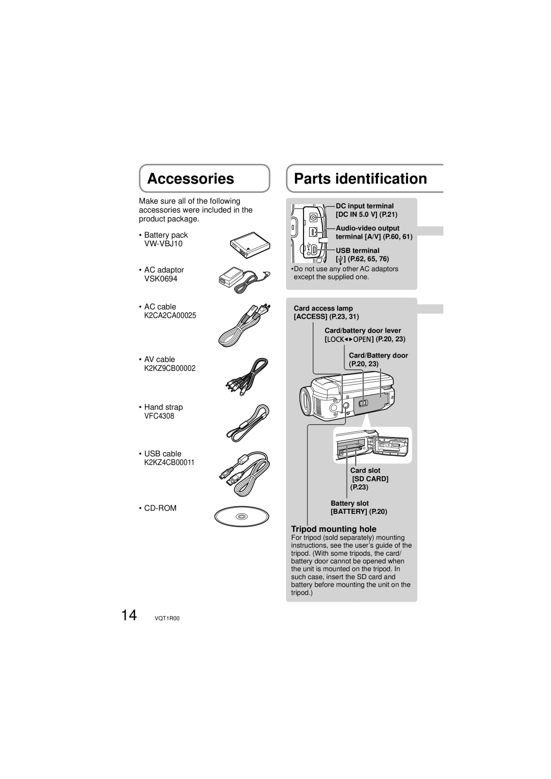 Panasonic SDR-S7P/PC operating instructions Accessories, Parts identification, Tripod mounting hole, Cd-Rom 