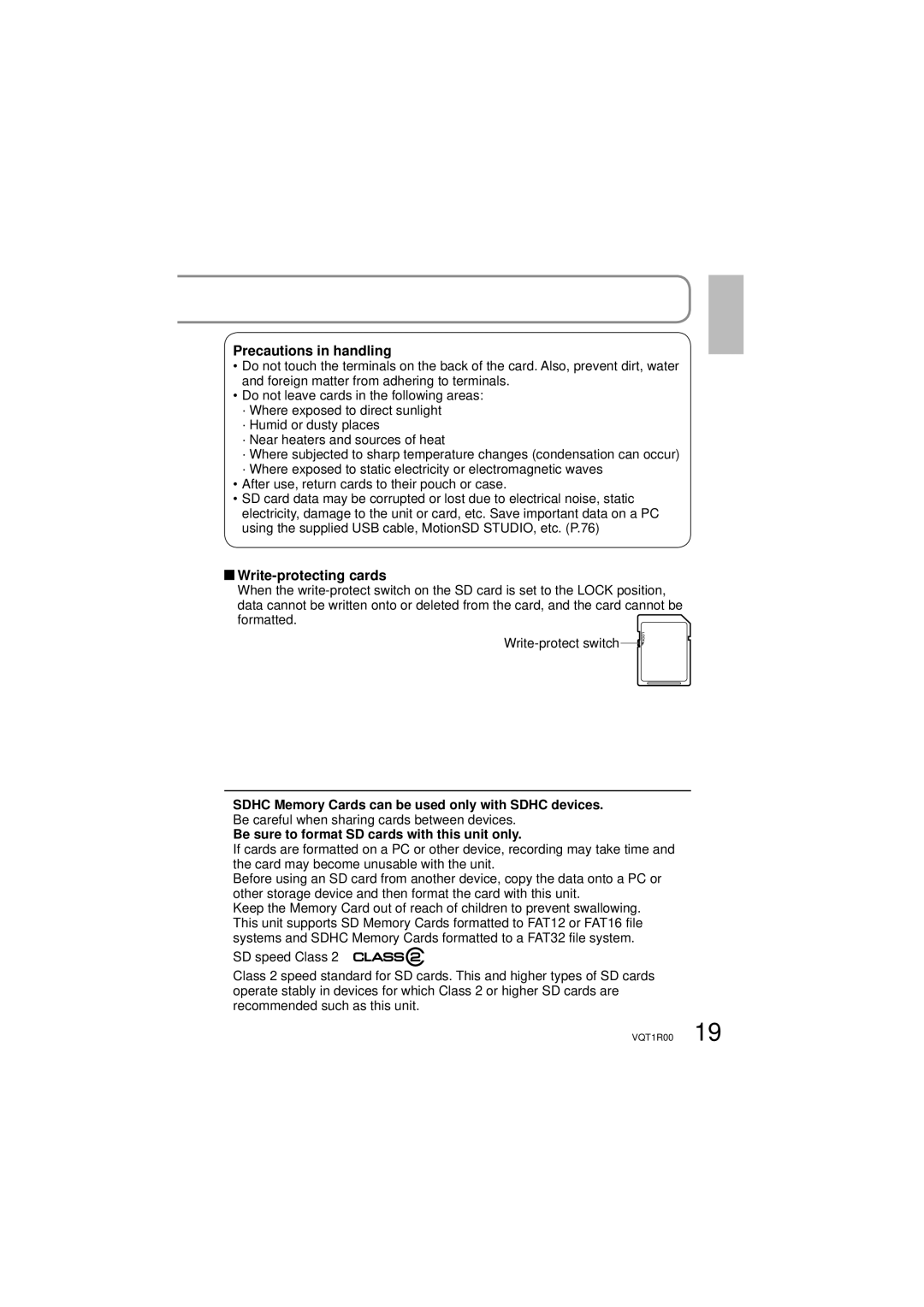 Panasonic SDR-S7P/PC operating instructions Precautions in handling, Write-protecting cards 