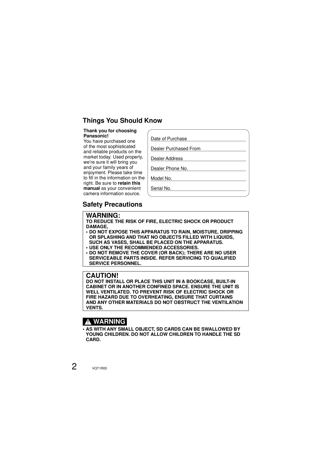 Panasonic SDR-S7P/PC operating instructions Things You Should Know, Thank you for choosing Panasonic 