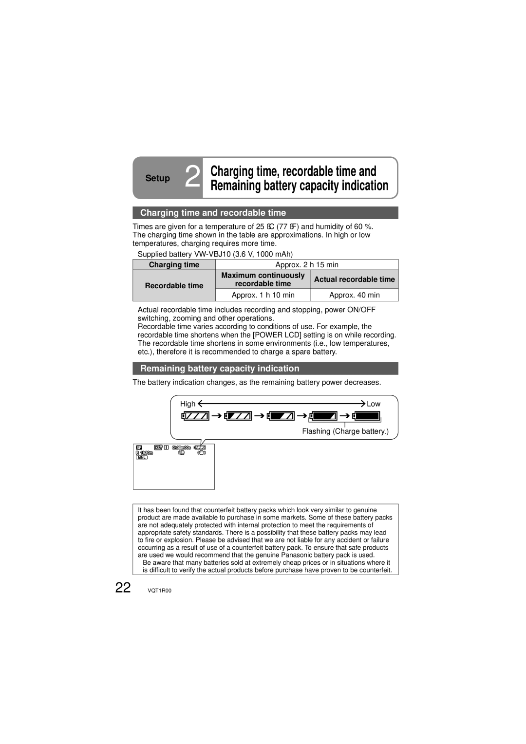 Panasonic SDR-S7P/PC operating instructions Setup, Charging time and recordable time, Remaining battery capacity indication 