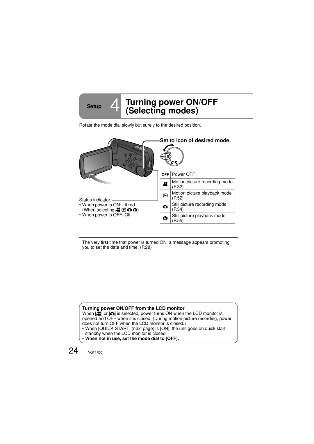 Panasonic SDR-S7P/PC operating instructions Setup 4 Turning power ON/OFF Selecting modes, Set to icon of desired mode 