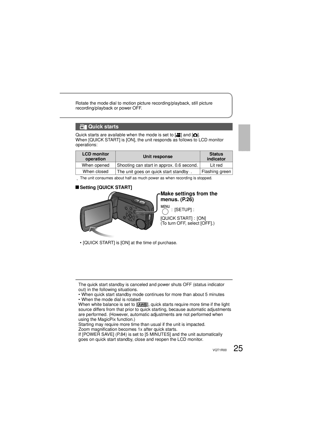 Panasonic SDR-S7P/PC Quick starts, Make settings from the menus. P.26, Setting Quick Start, Indicator 