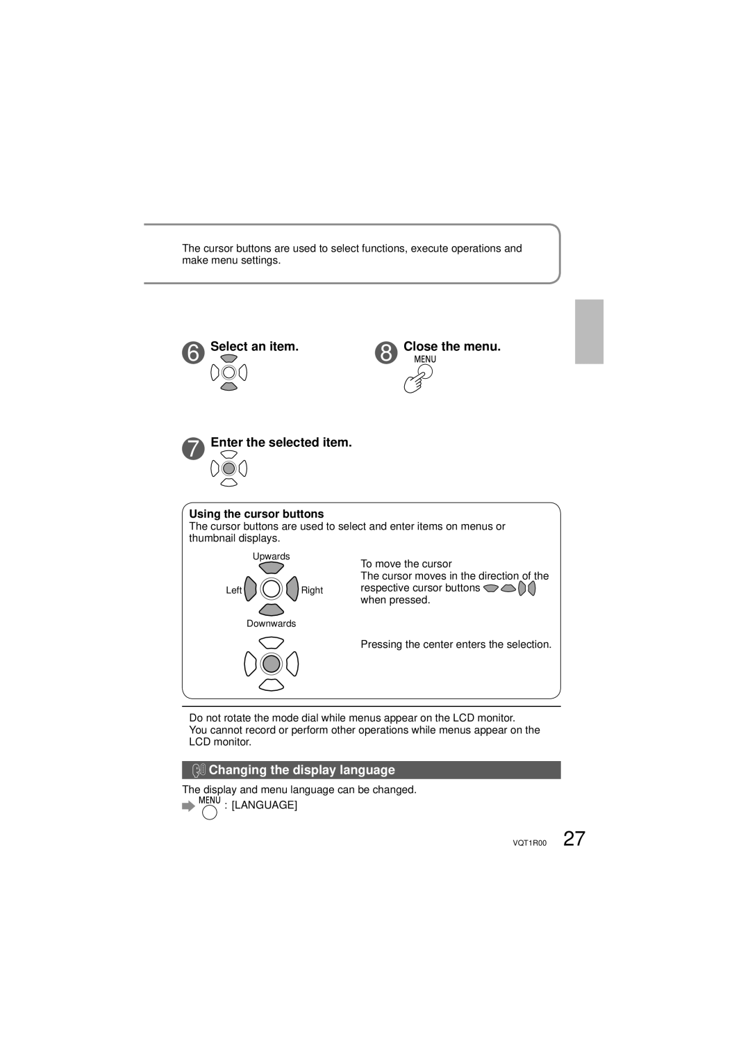 Panasonic SDR-S7P/PC Select an item Close the menu Enter the selected item, Changing the display language 