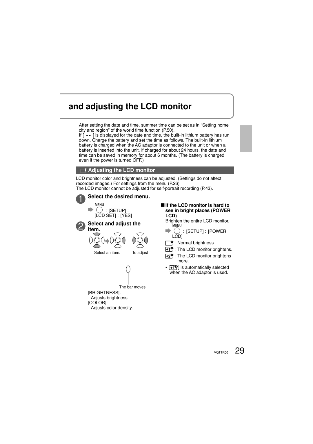 Panasonic SDR-S7P/PC operating instructions Adjusting the LCD monitor, Selectitem. and adjust 