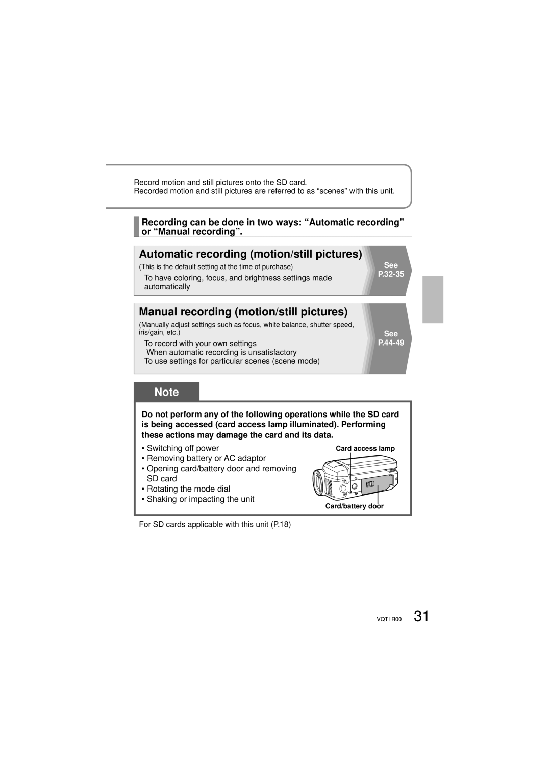 Panasonic SDR-S7P/PC operating instructions For SD cards applicable with this unit P.18, Card/battery door 