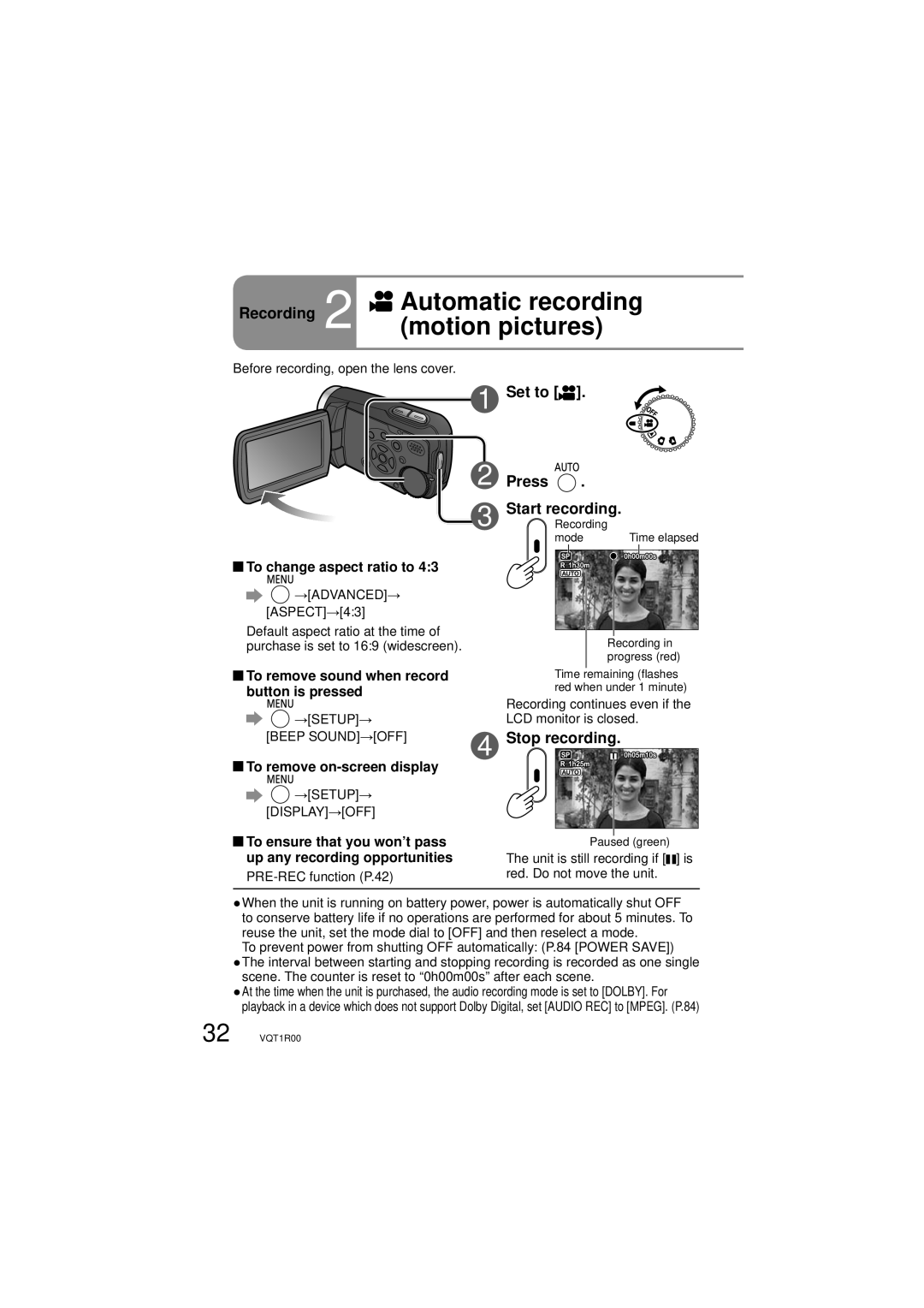 Panasonic SDR-S7P/PC operating instructions Recording 2 Automatic recording motion pictures, Set to Press Start recording 