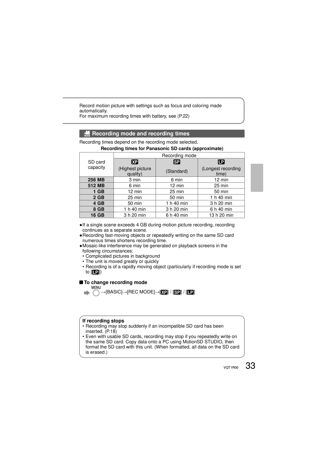 Panasonic SDR-S7P/PC Recording mode and recording times, To change recording mode, If recording stops 