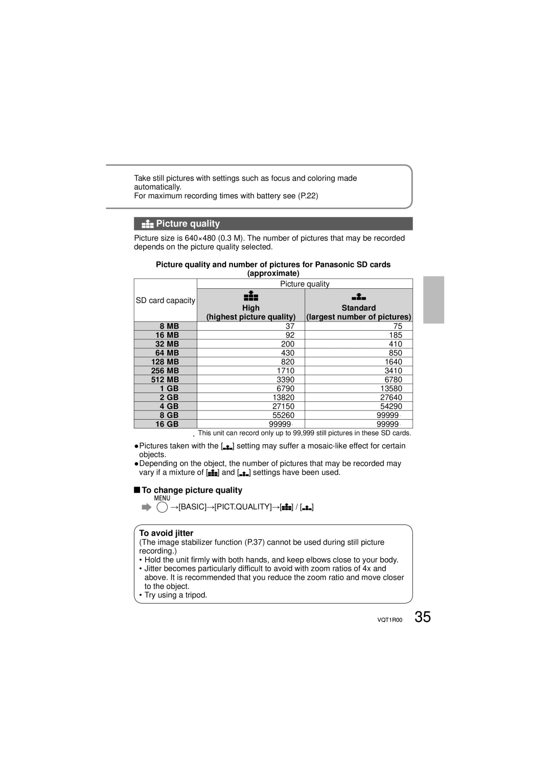 Panasonic SDR-S7P/PC operating instructions Picture quality, To change picture quality, To avoid jitter, High Standard, 128 