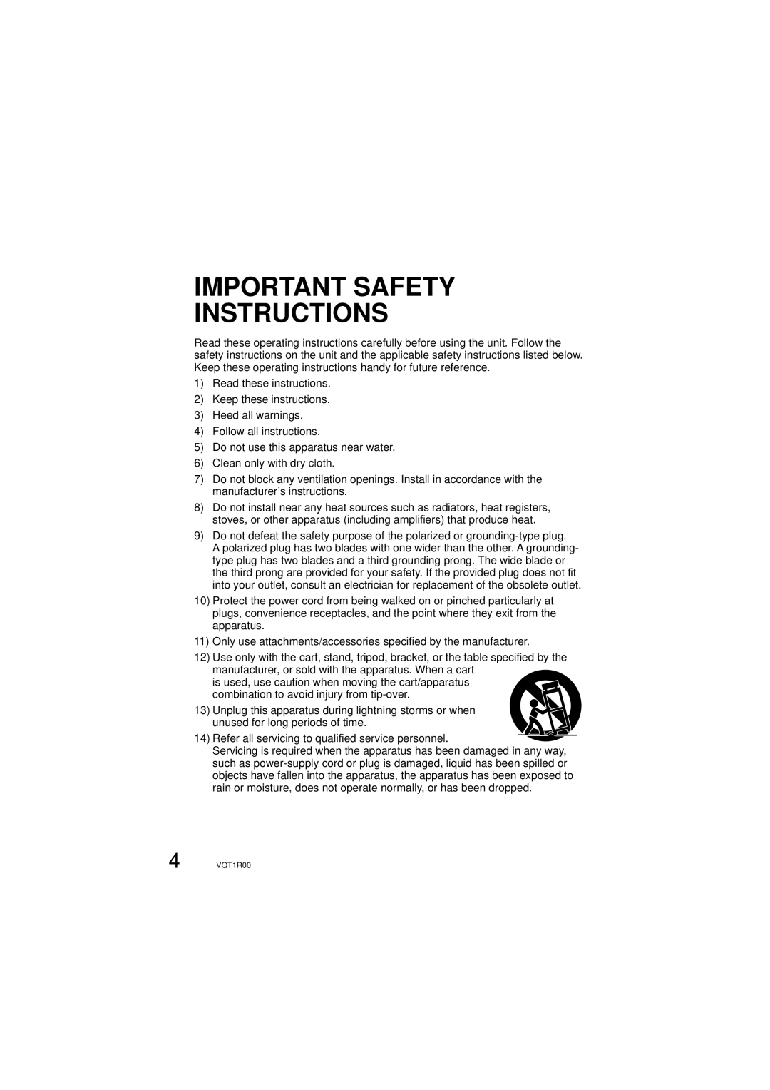 Panasonic SDR-S7P/PC operating instructions Important Safety Instructions 