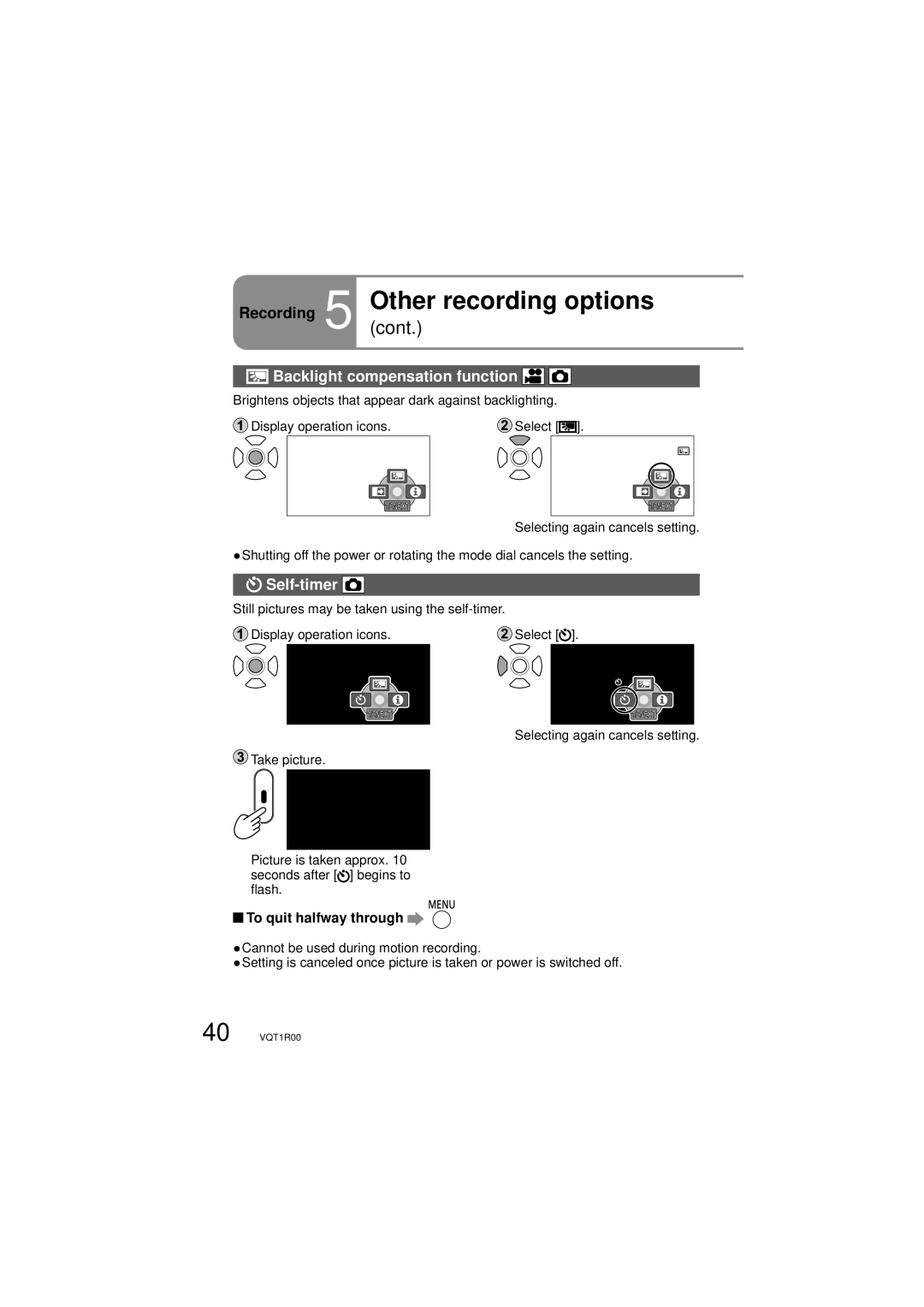 Panasonic SDR-S7P/PC Recording 5 Othercont. recording options, Backlight compensation function, Self-timer 