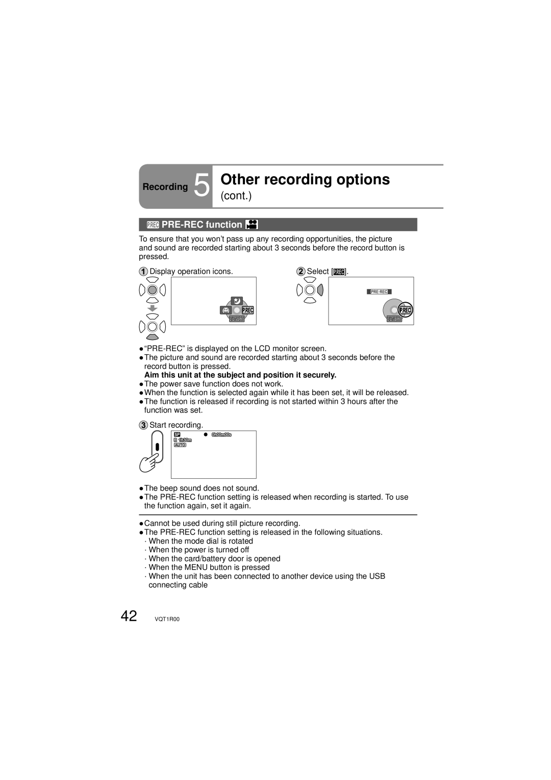 Panasonic SDR-S7P/PC operating instructions PRE-REC function, Aim this unit at the subject and position it securely 